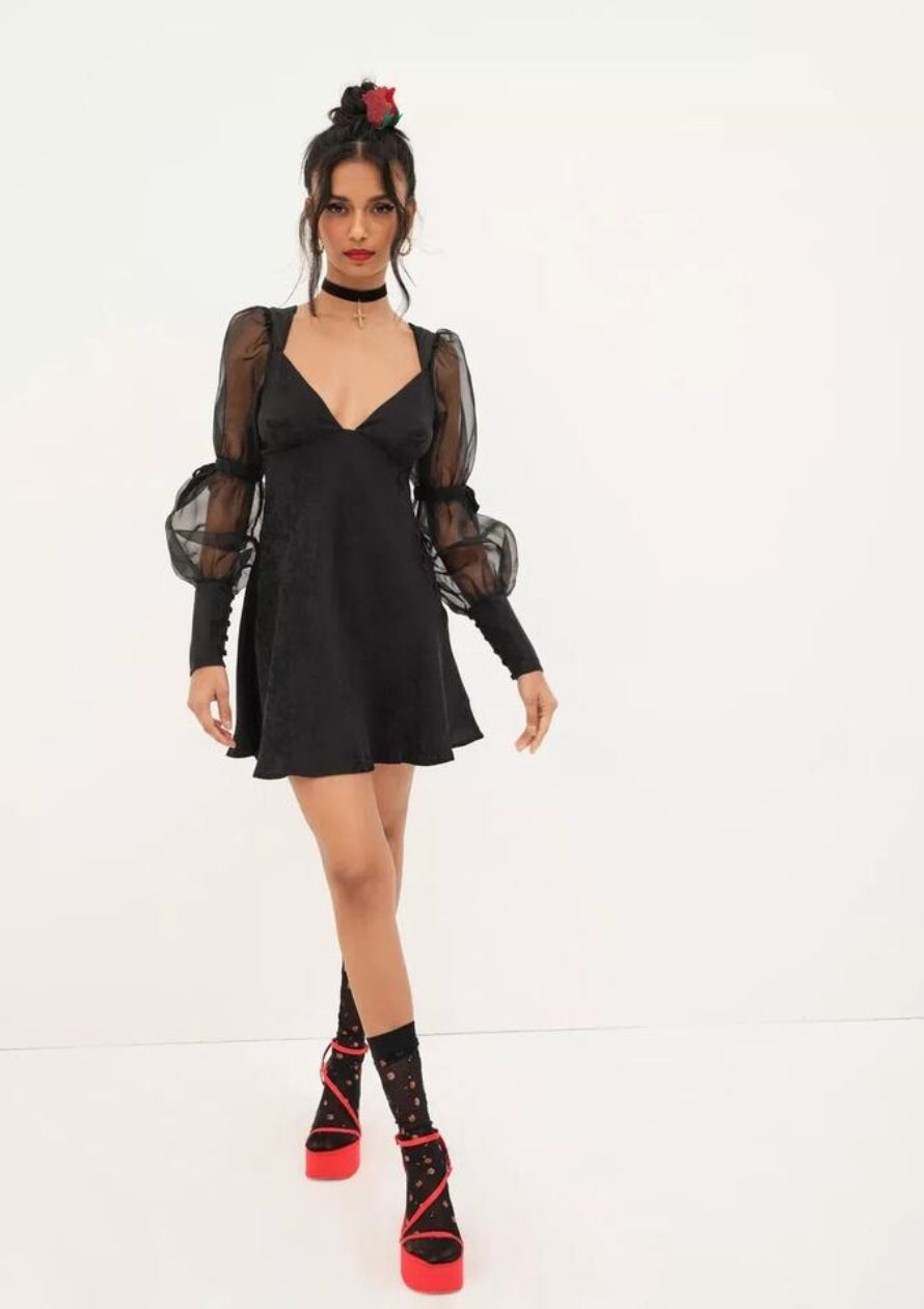 For Love & Lemons Gabrielle Puff Sleeve Mini Dress Black Sz Medium $221