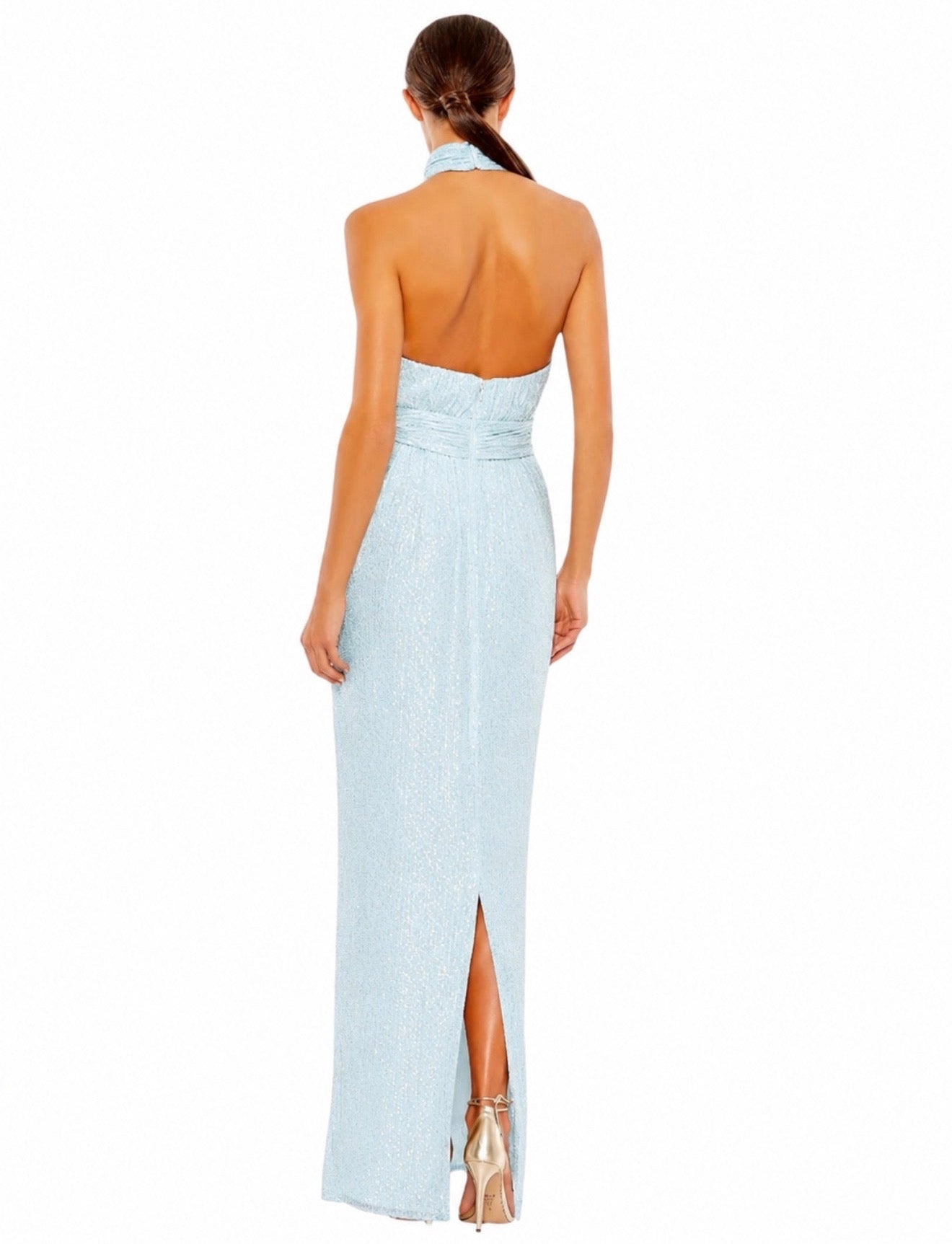 leena Mac Duggal 11281 Aqua
Sequin Halter Maxi Dress Sz 2