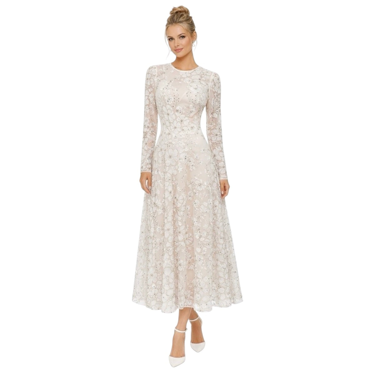 Dress the Population White Embellished Tea-Length Midi Dress Size Small