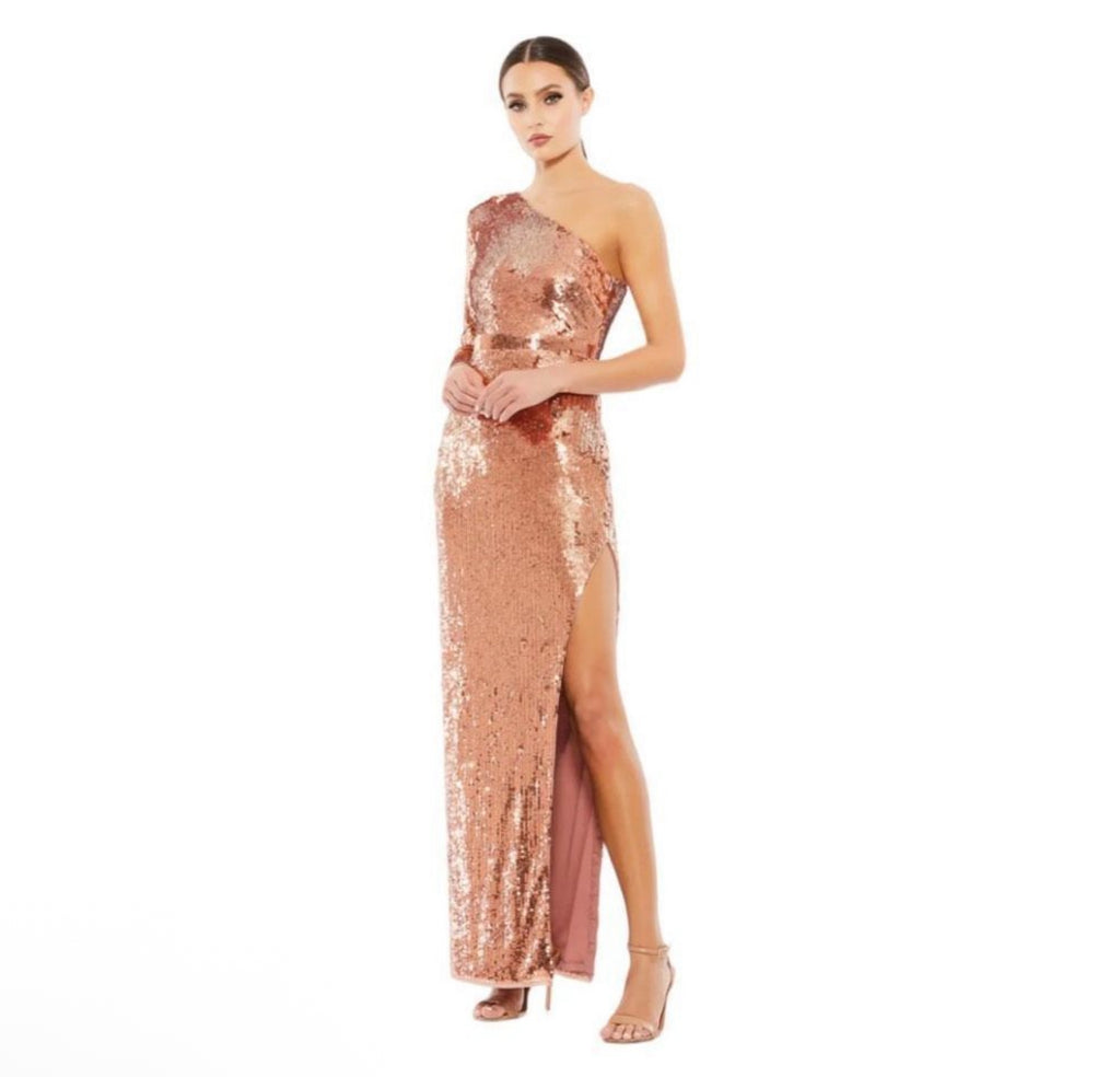 Mac Duggal Sequin One Sleeve
Column Gown Copper 10788 sz 4 $498