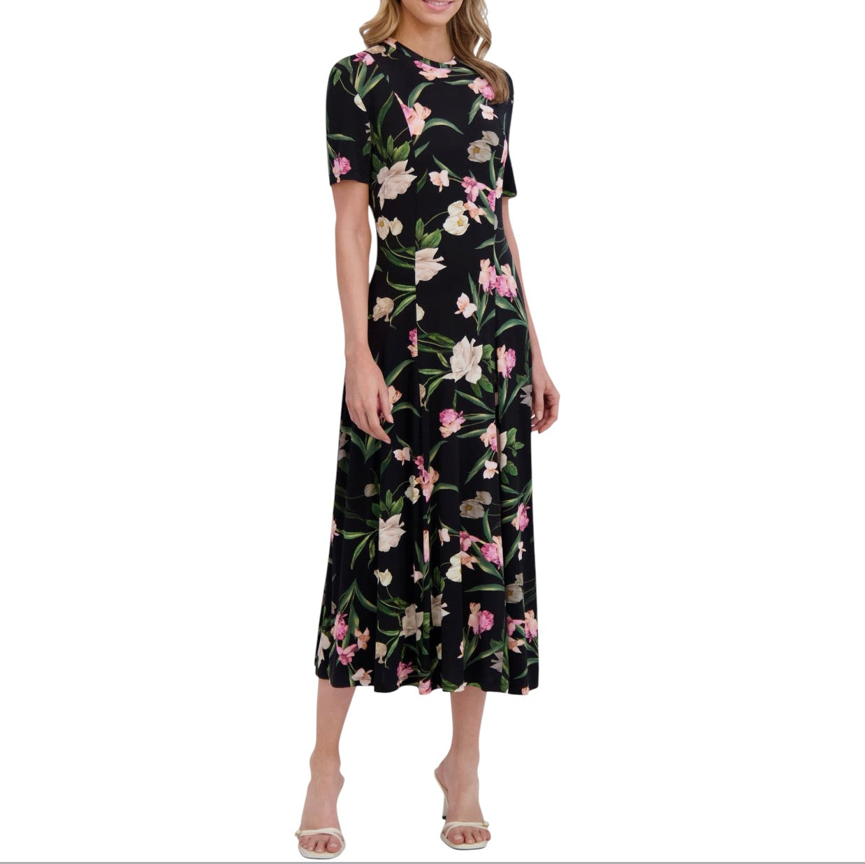 Ted Baker Floral Print Jersey Midi Dress Black Pink Stretch A-Line US Size 4