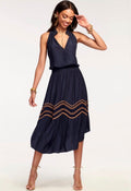 Ramy Brook Alexis Embroidered Smocked Midi-Dress Navy Sz XS $565