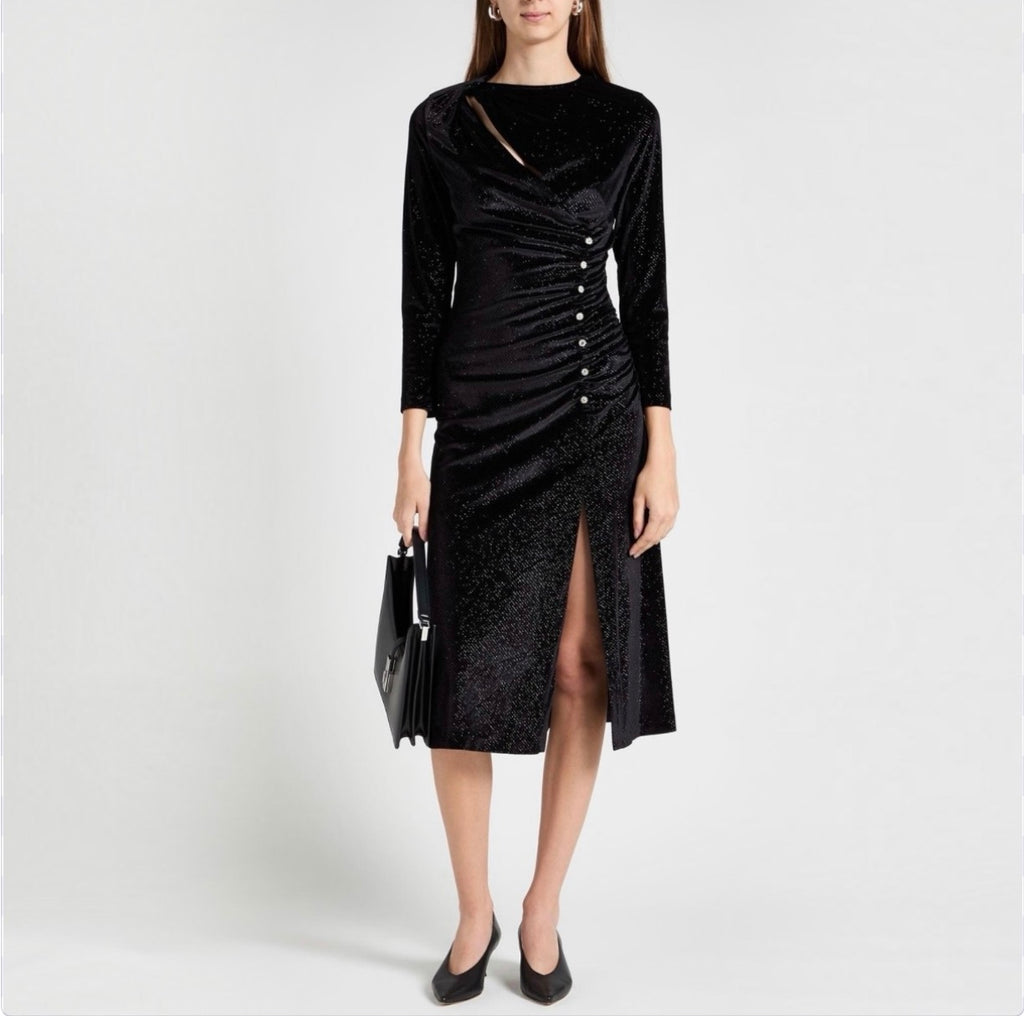 Sandro Crystal-Embellished Ruched Velvet Midi Dress Black Size 42 US 10
