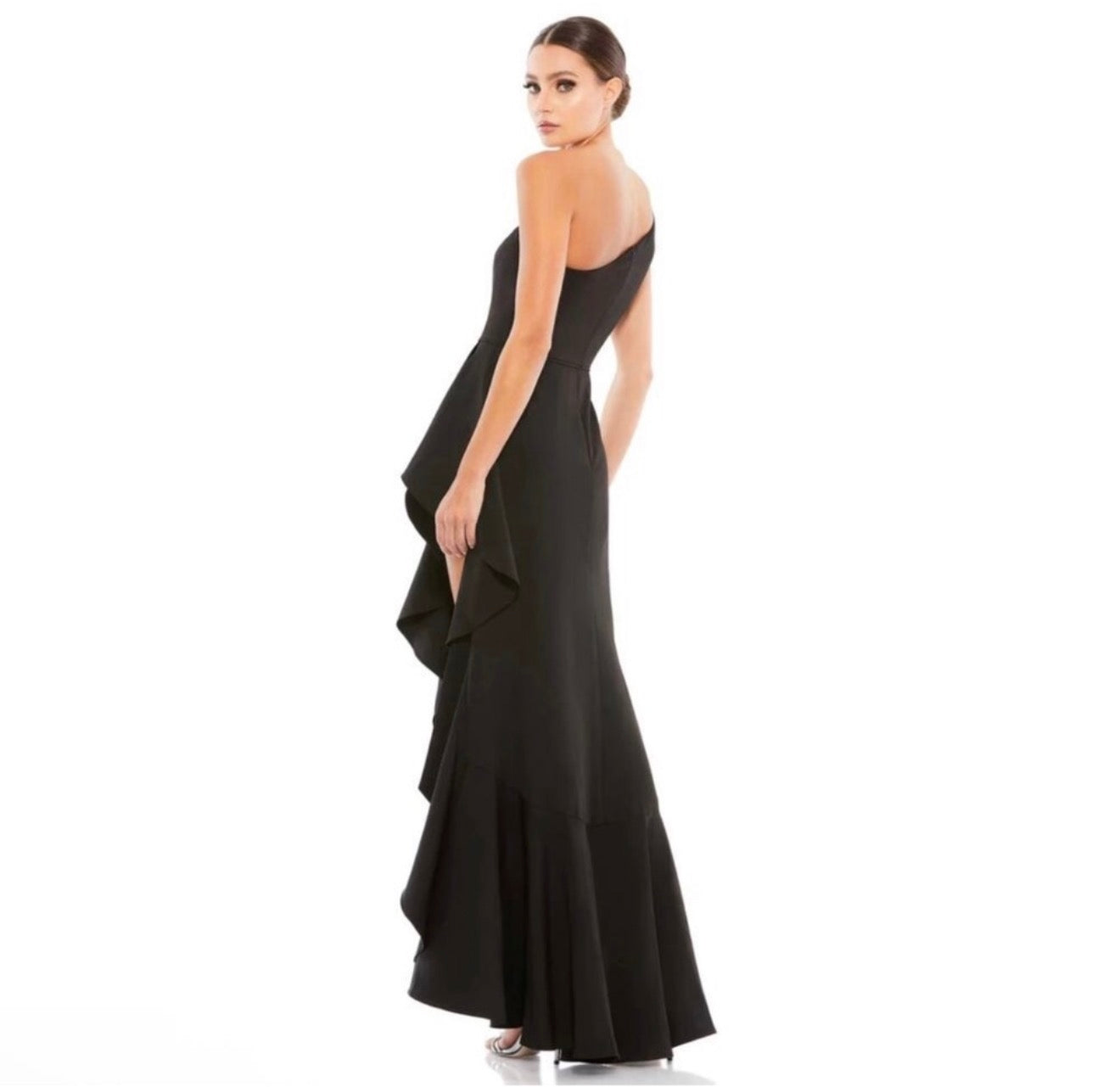 IEENA for Mac Duggal One Shoulder High Slit Ruffle Gown Dress Black 49089 Size 6 $358