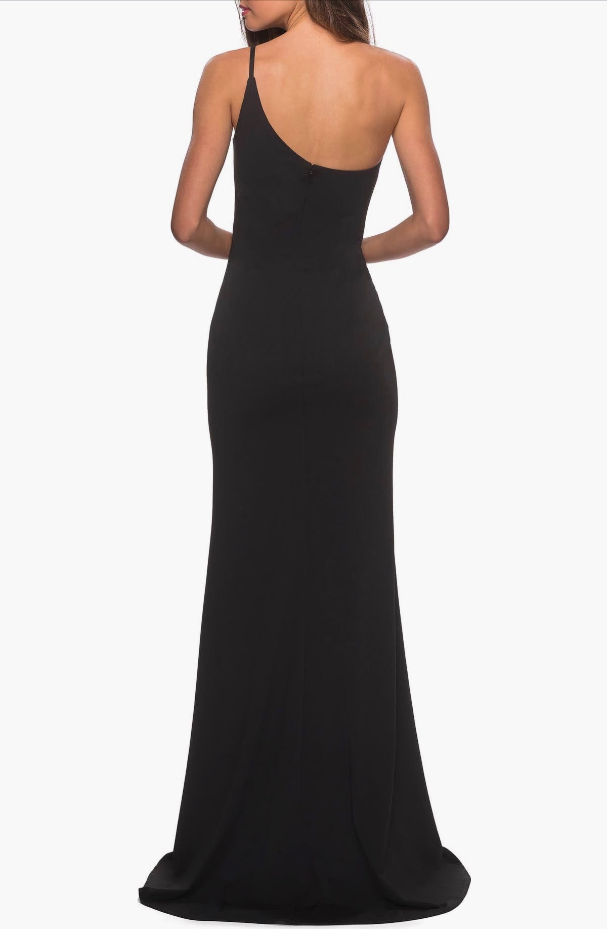 La Femme 28176 Black One Shoulder Jersey Gown Slit Column Dress Size 6 $228