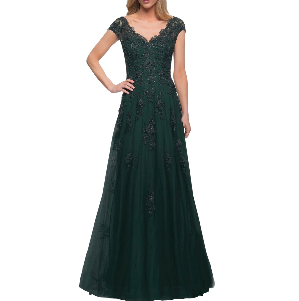 LA FEMME Style 26942 Short Sleeve Lace Gown Dark Emerald Sz 14