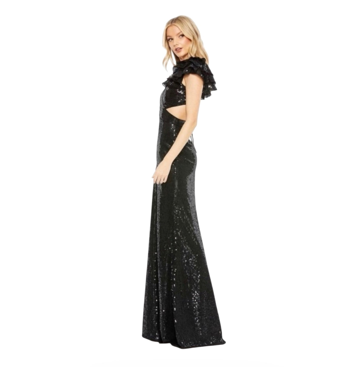 MAC DUGGAL 10829 Sequin Ruffled Cut Out Lace Up Gown in Black