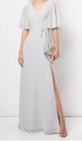 Marchesa Notte Bridesmaids “Rome” Flutter-sleeve Wrap Gown in Dove Grey Sz 6 $275