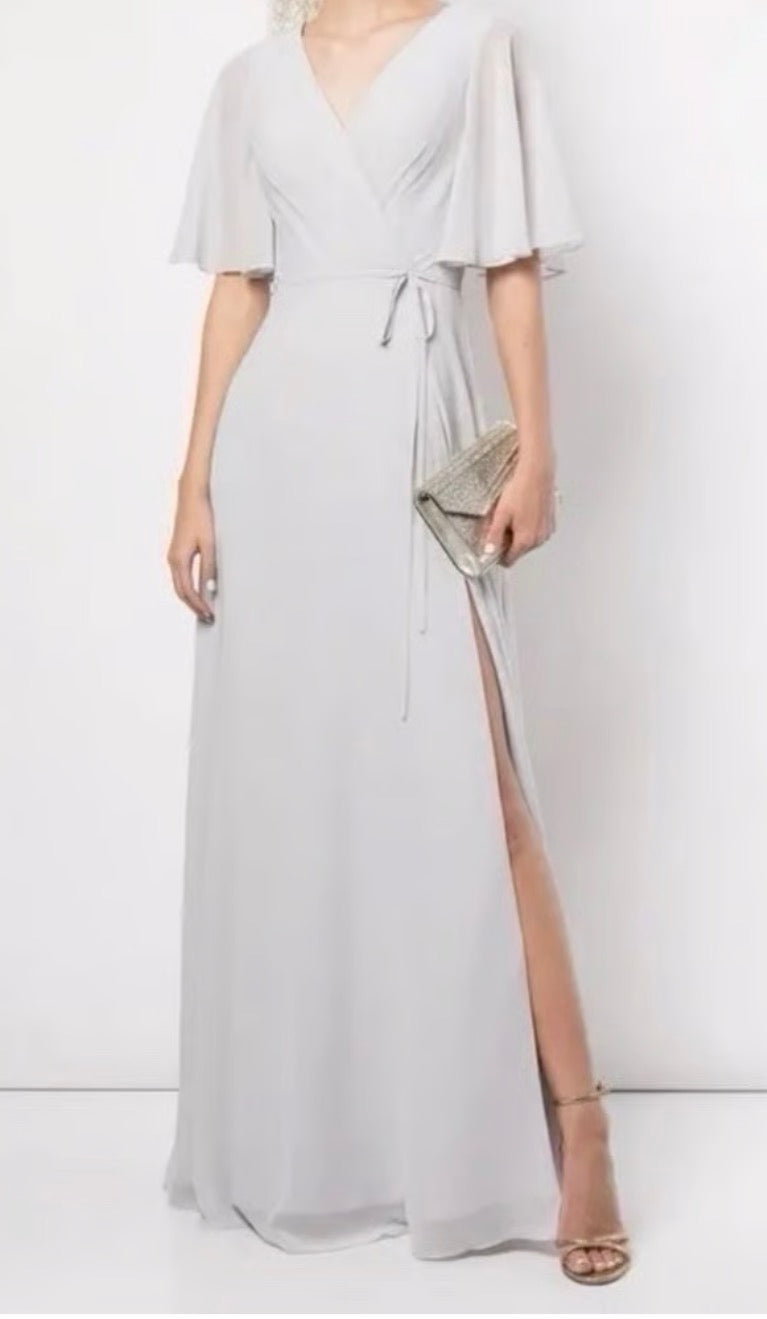 Marchesa Notte Bridesmaids “Rome” Flutter-sleeve Wrap Gown in Dove Grey Sz 6 $275