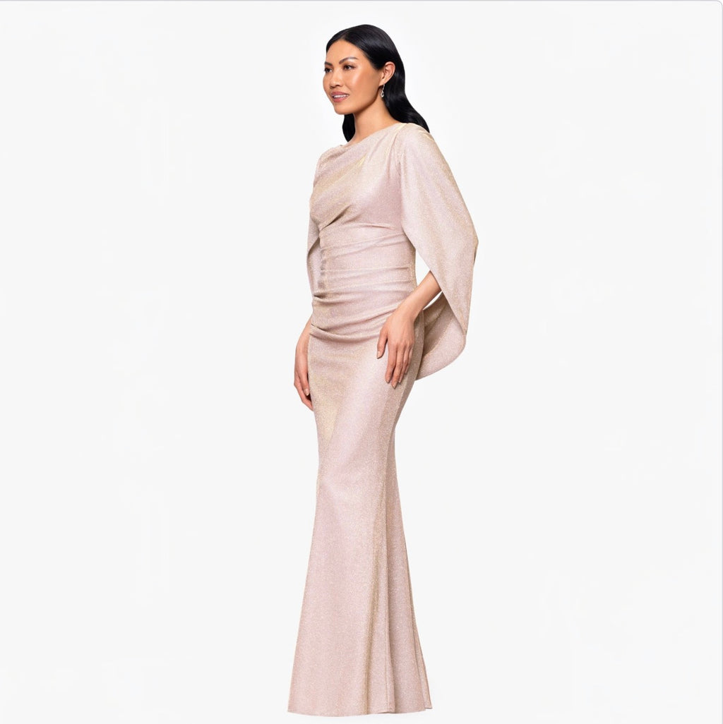 Betsy & Adam Gracie Metallic Glitter Draped Gown White Pink Gold Size 4P