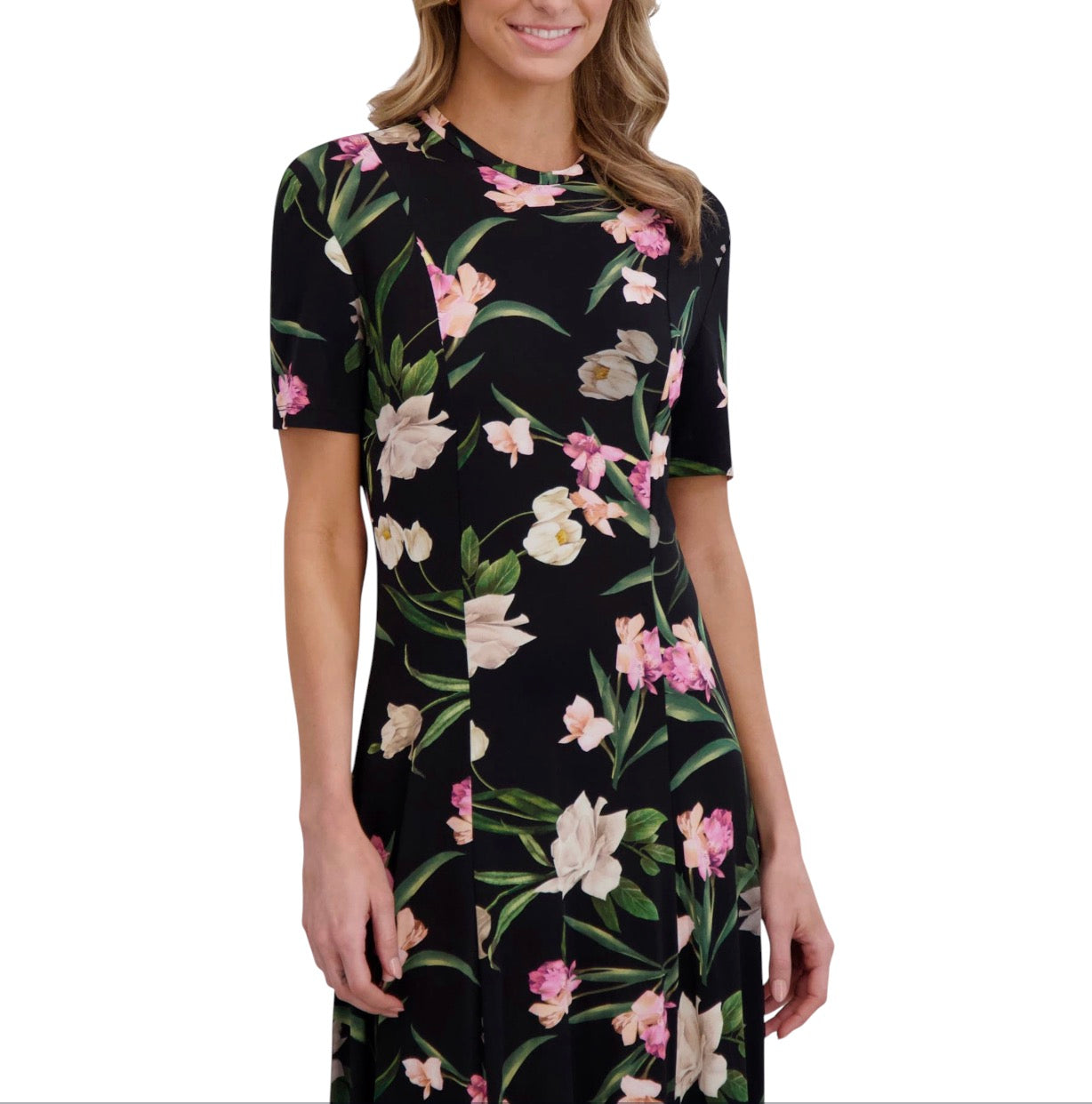 Ted Baker Floral Print Jersey Midi Dress Black Pink Stretch A-Line US Size 4