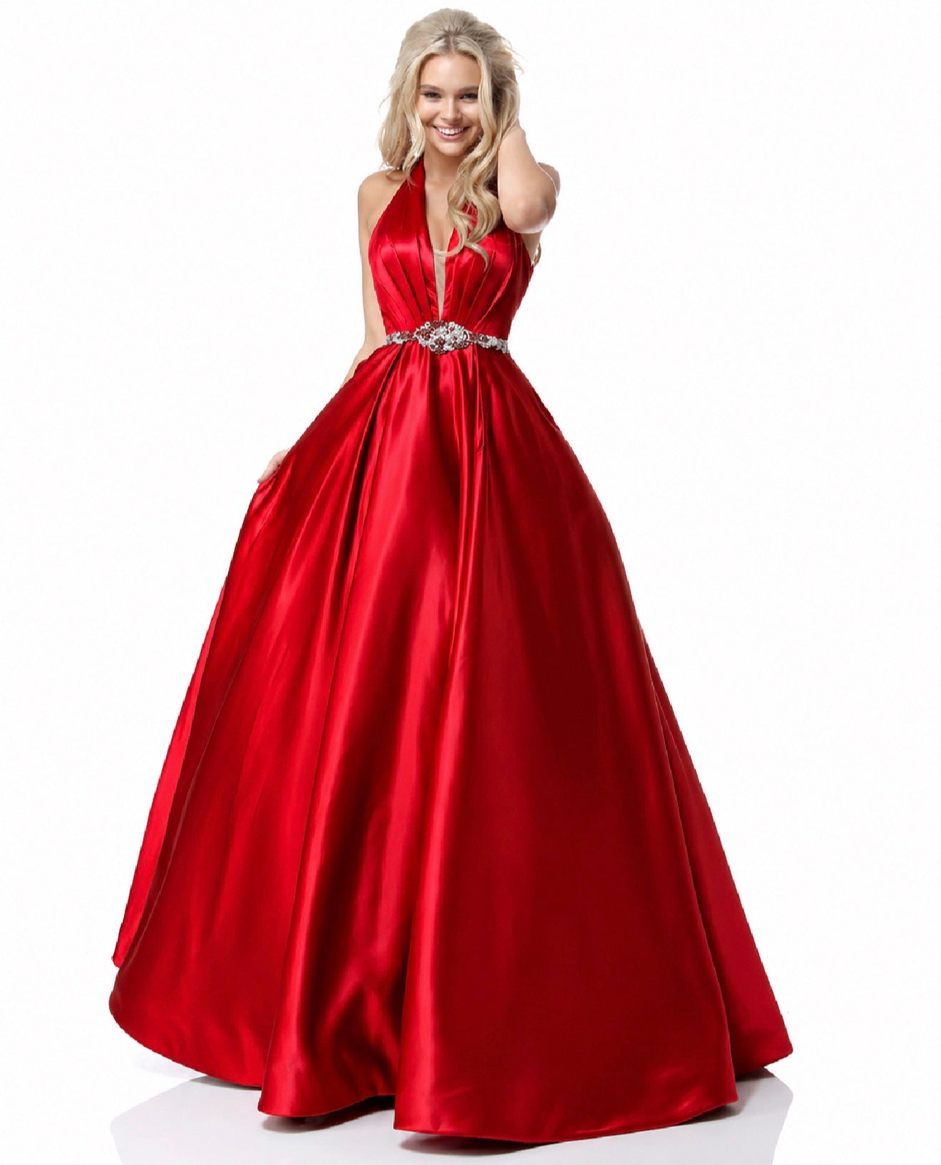 Sherri Hill 51588 Red Halter Ball Gown Beaded Waist Satin Formal
Dress Size 4 $598