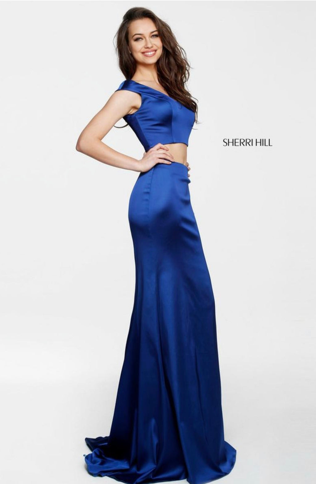 Sherri Hill 51251 Navy Satin Two Piece Gown Size 6 $450