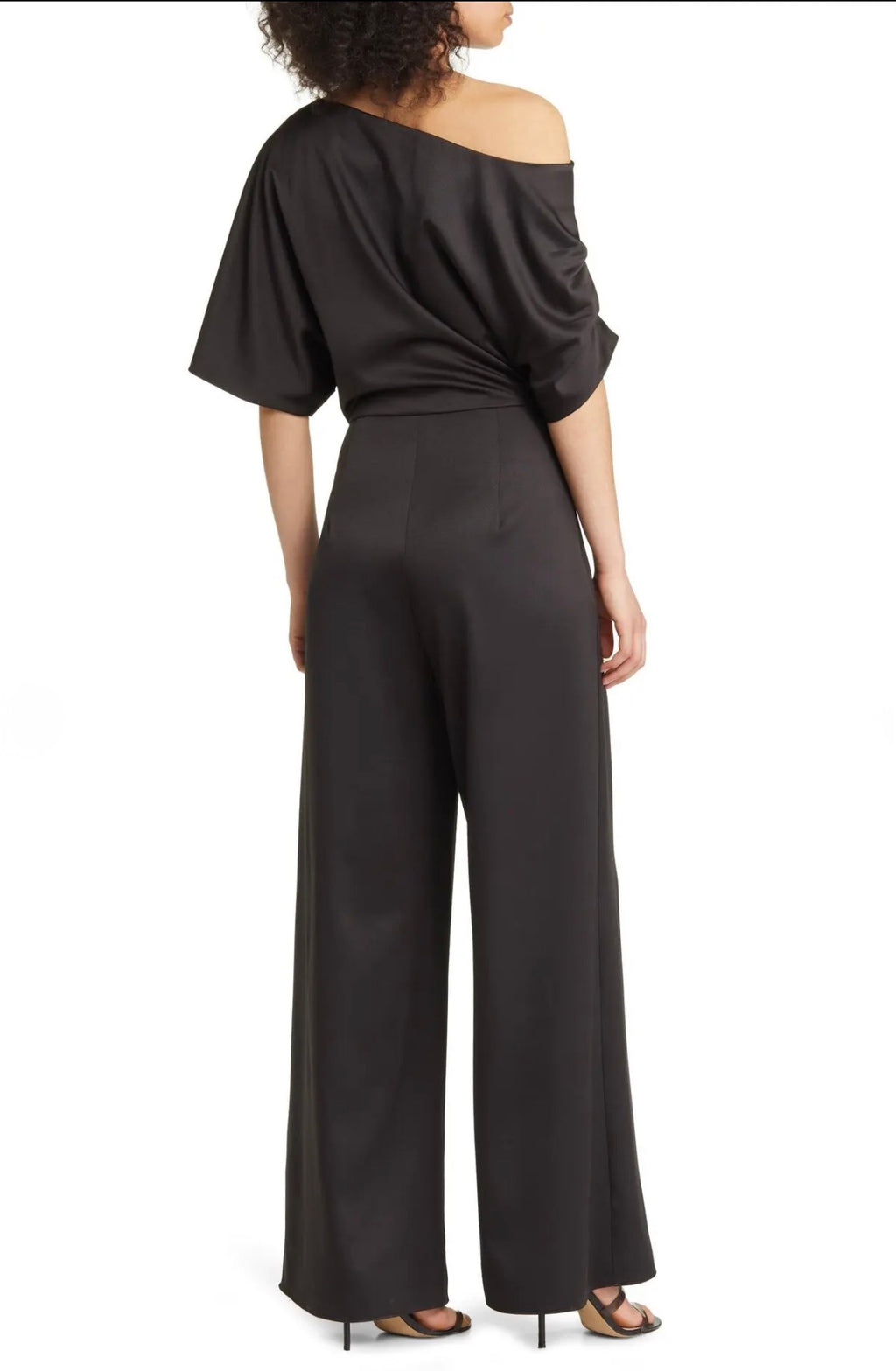 Elliatt Amari Off Shoulder Wide Leg Satin Jumpsuit Black Size Large $220