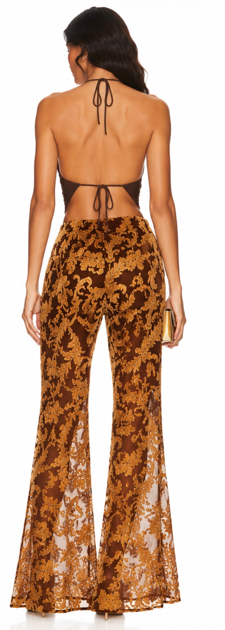 L’Academie by Marianna Brown Gold Baroque Flocked Flare Pants Small