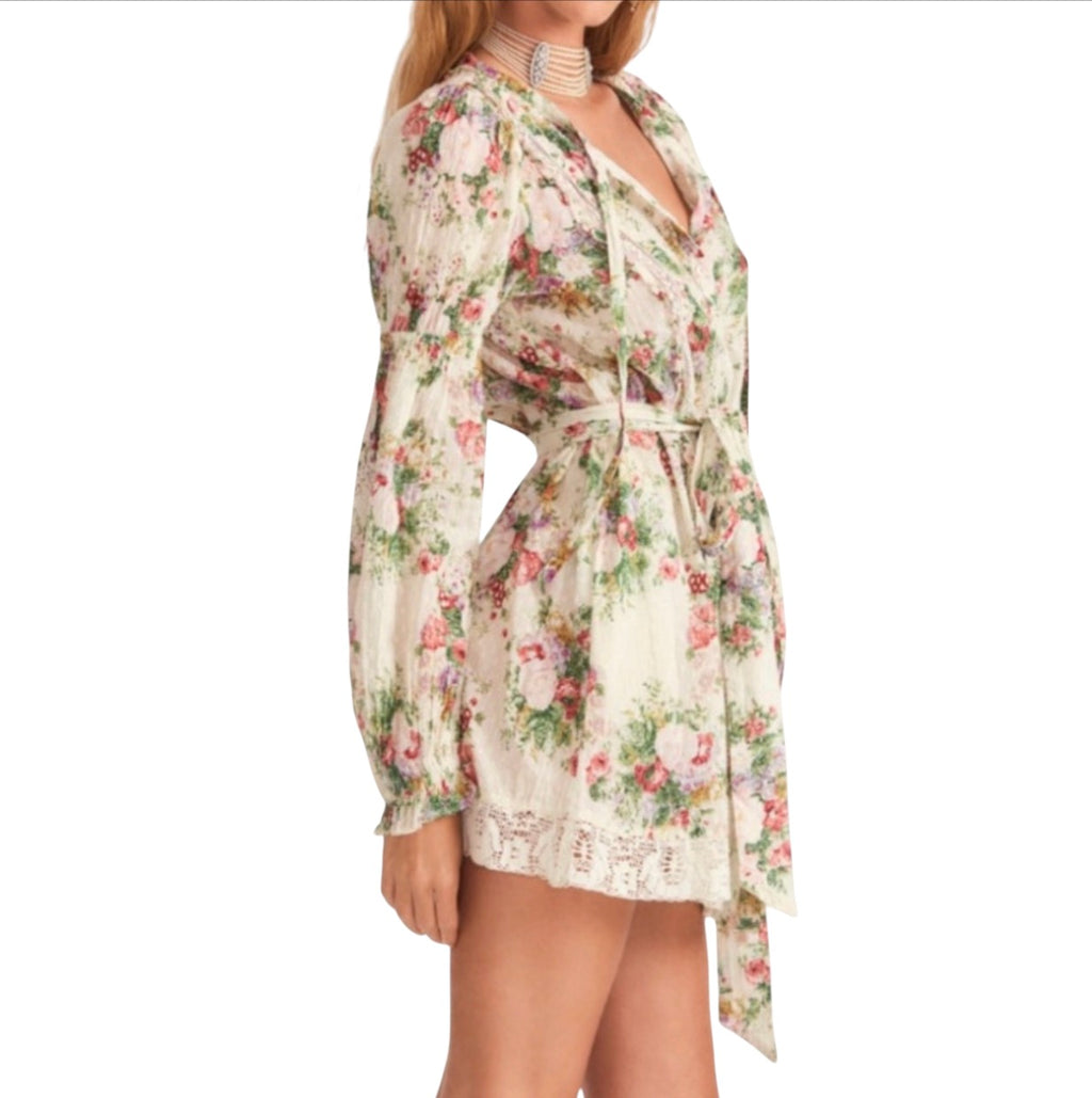 LoveShackFancy Fria Shining Gemstone Floral Lace-Trim Mini
Dress Cream Small