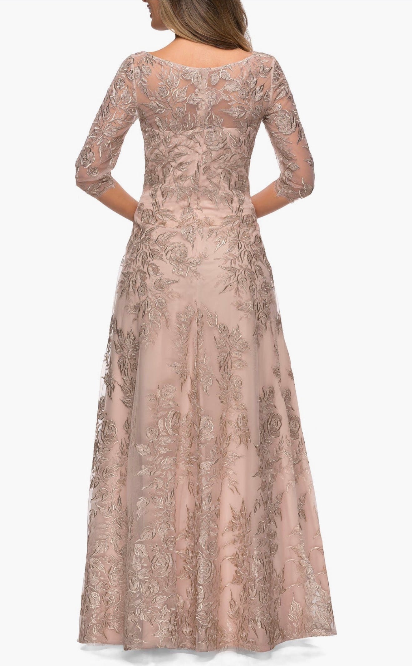 La Femme 28053 Floral Embroidered Mesh A-Line Gown in Champagne Sz 16