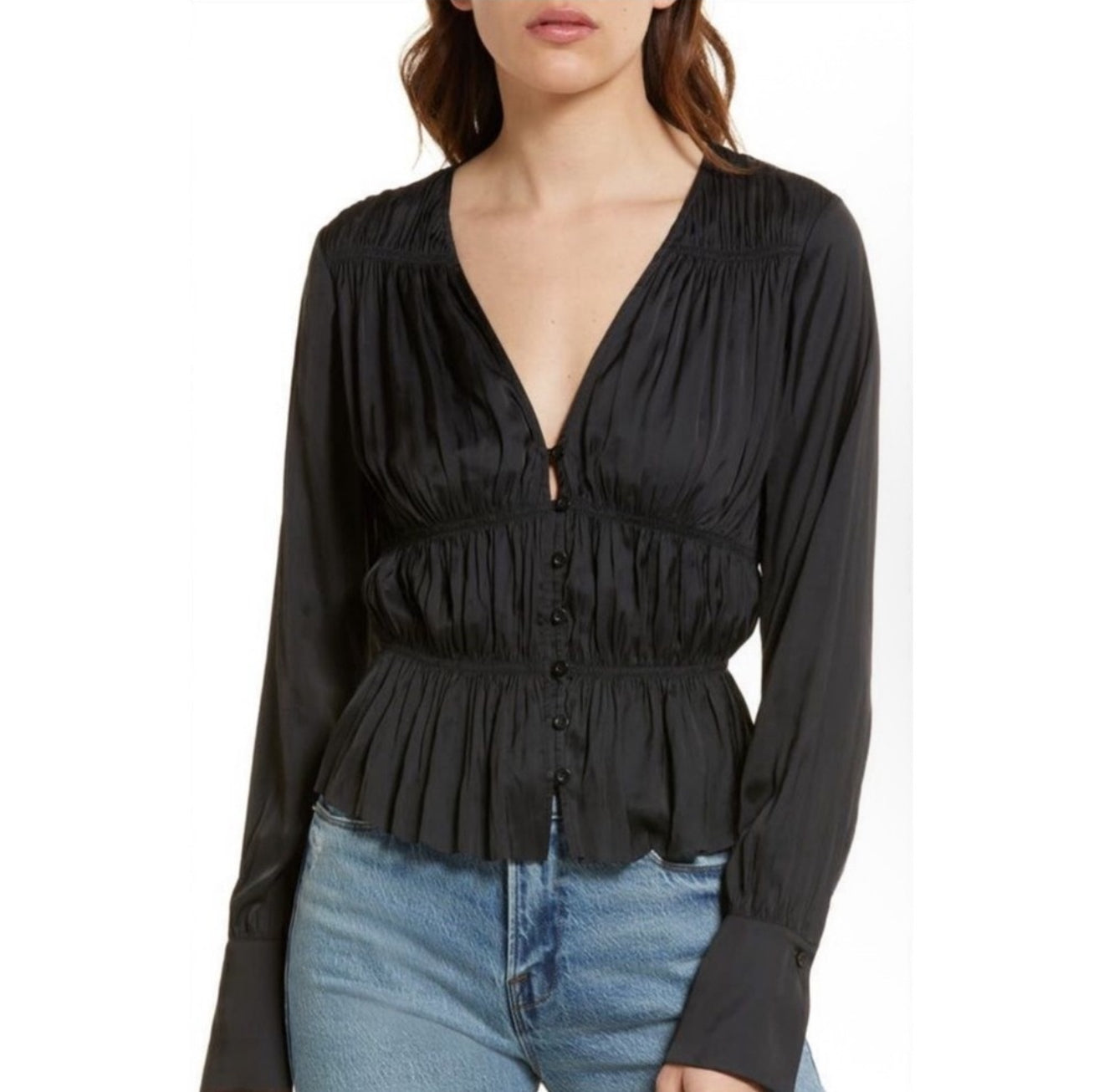 FRAME Shirred V-Neck Blouse in Black Sz Large $398