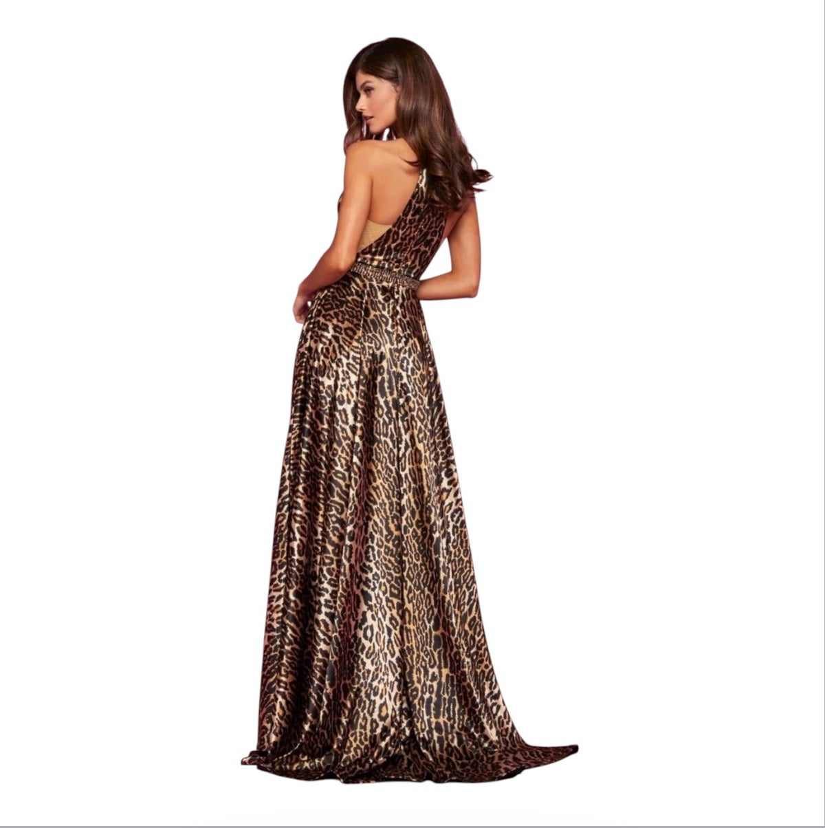 Sherri Hill 53301 Animal Print Satin Halter Gown NWT Size 0 High Slit