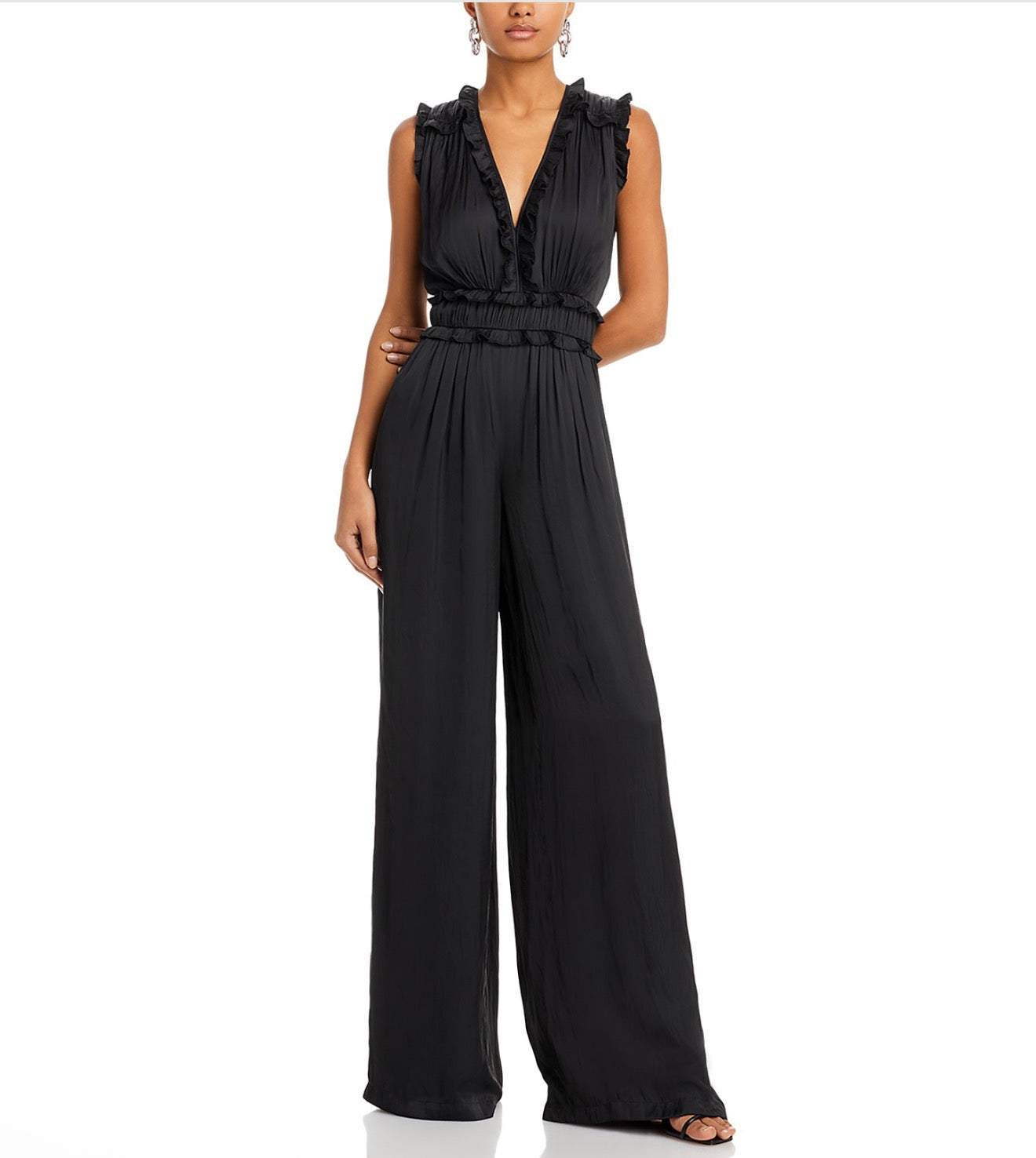 Ramy Brook Katelyn Ruffle Satin Jumpsuit in Black sz 2 $545