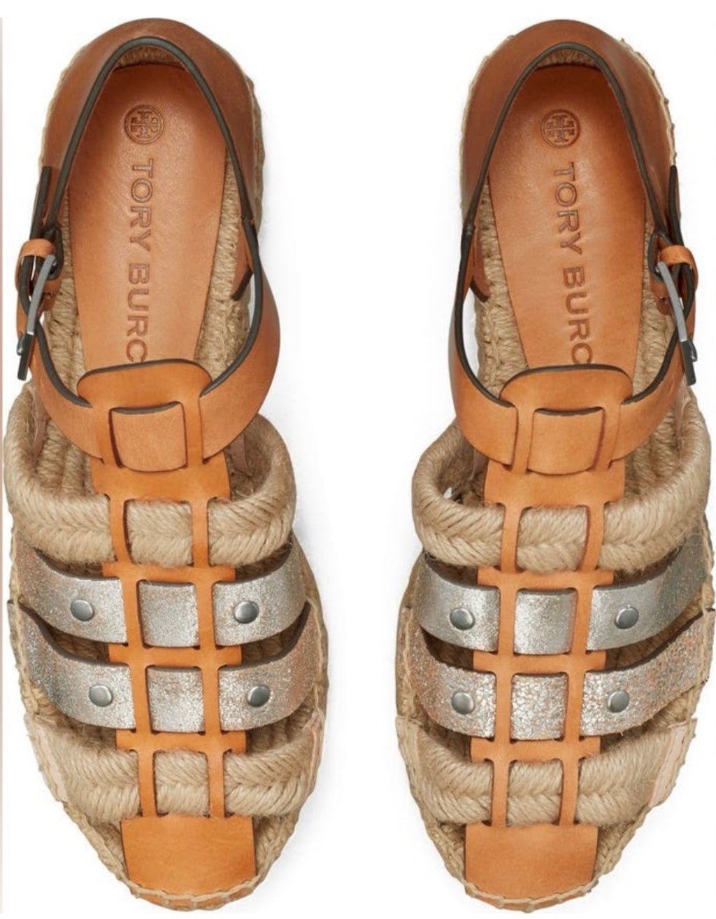 Tory Burch Fisherman Platform Espadrille Sandals Tan Silver Size 7