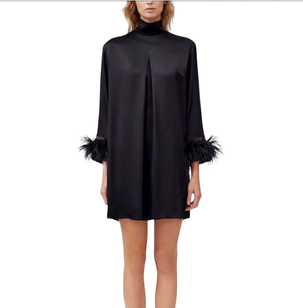 Sleeper Party Feather Trimmed
Satin Dress in Black Sz XS