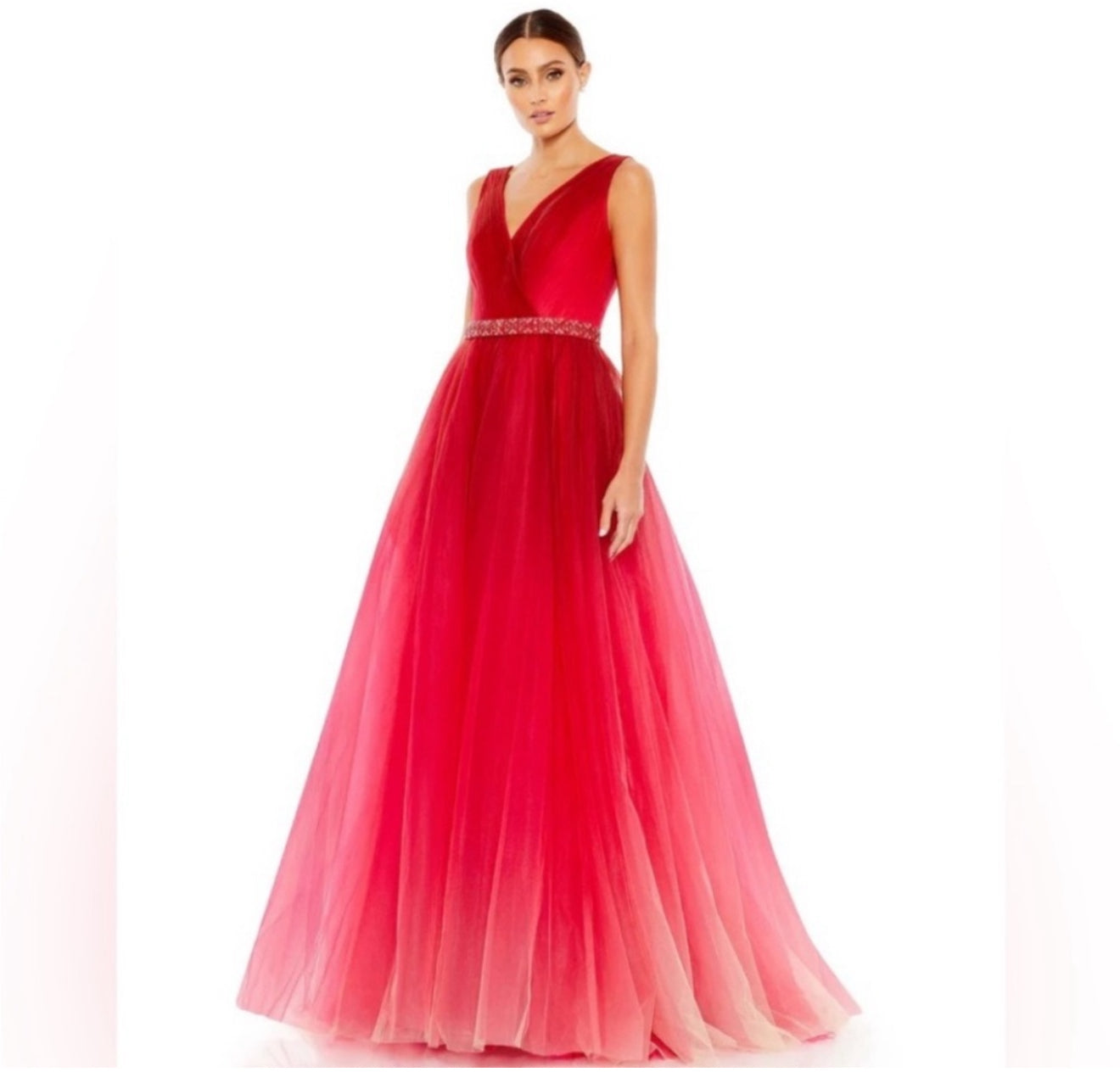 NWT Mac Duggal #20378 Beaded Belt Wrap Over Sleeveless Ballgown Red Ombré Sz 4 $498