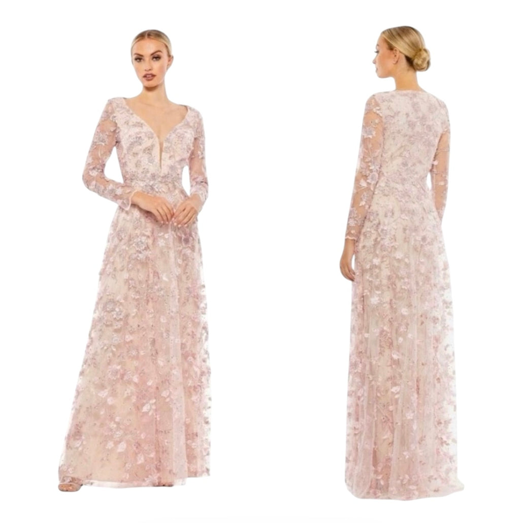 Mac Duggal 70224 Illusion Sleeve Floral Dress in Rose Pink Sz 10