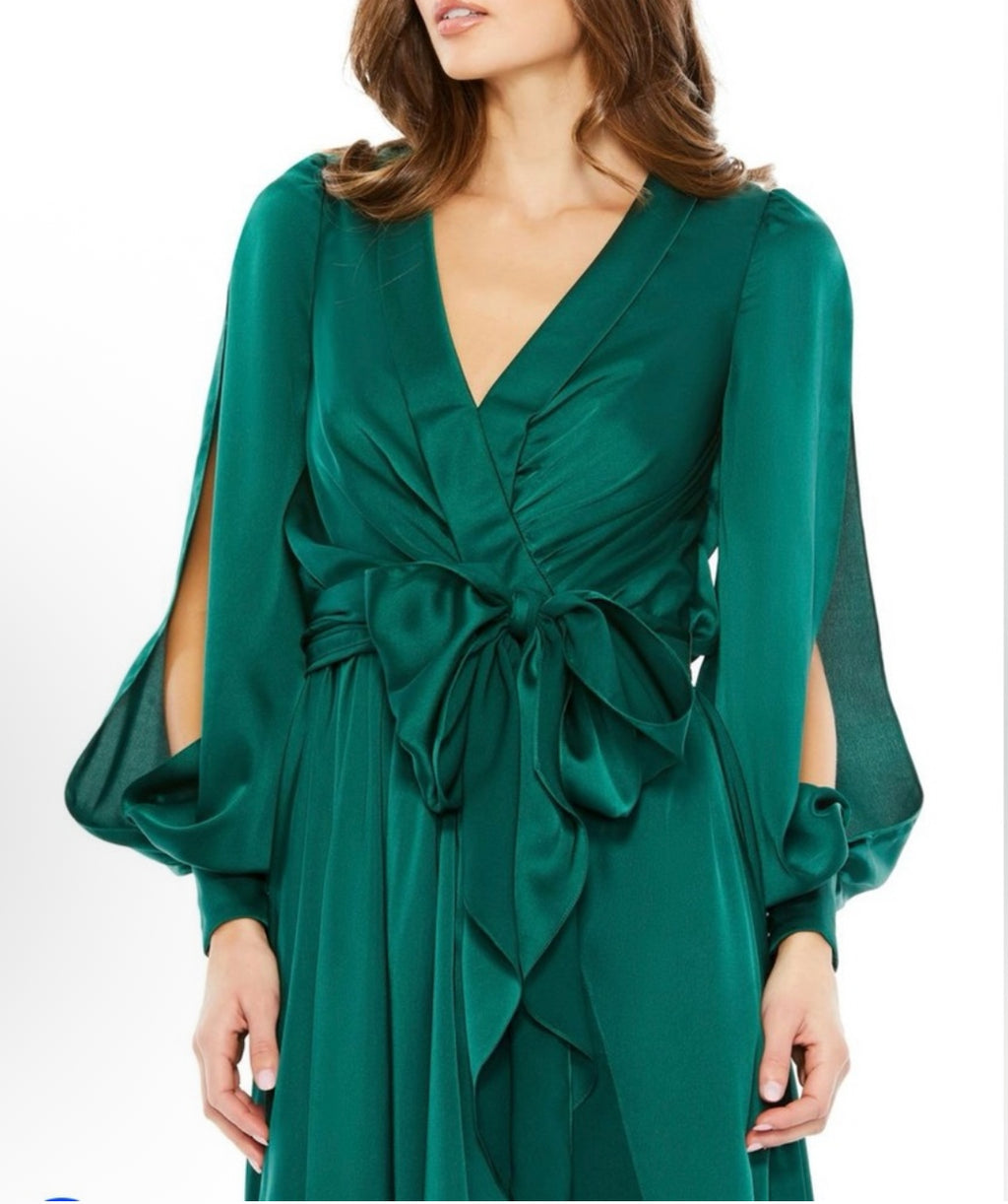 NWT Mac Duggal 49582 Collared Faux Wrap Bishop Sleeve Flowy Dress Emerald Sz 8 $