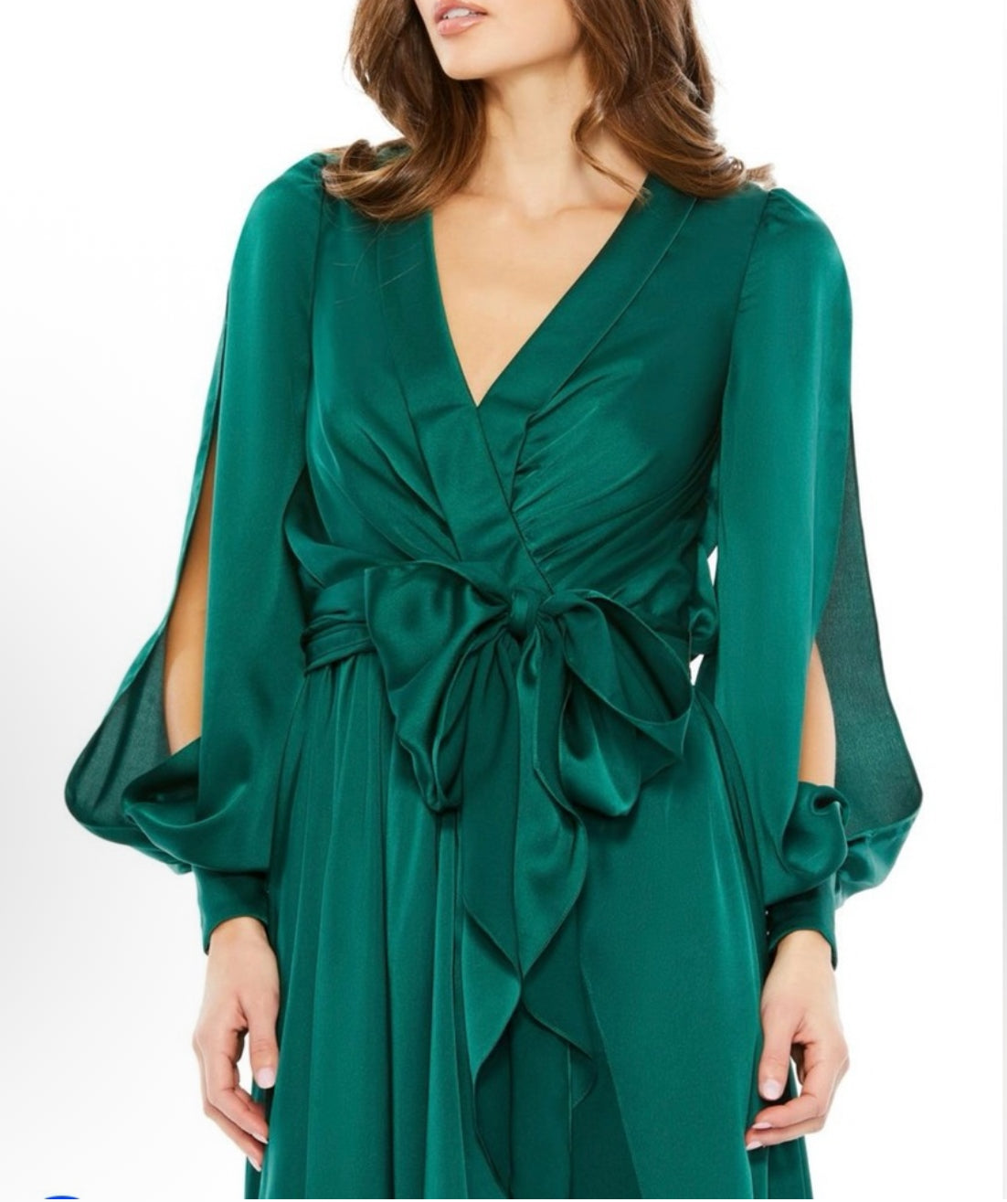 NWT Mac Duggal 49582 Collared Faux Wrap Bishop Sleeve Flowy Dress Emerald Sz 8 $