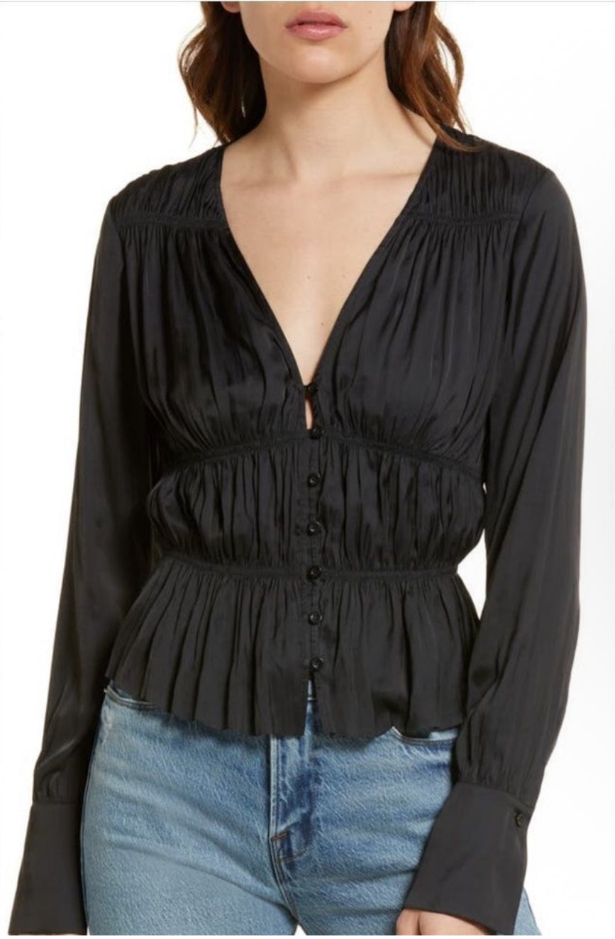 FRAME Shirred V-Neck Blouse Black Sz large $398