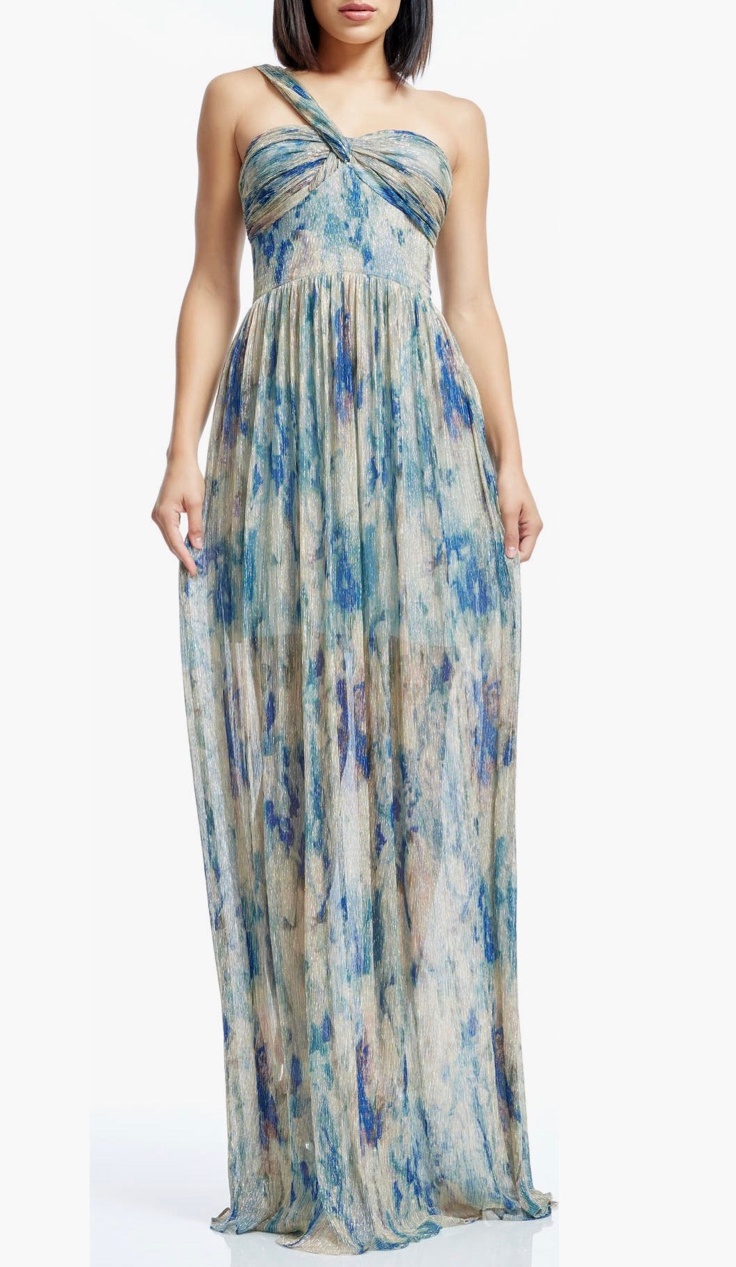 Dress the Population Idalia Metallic Abstract Floral Print One-Shoulder Gown Pale Blue Multi  XL