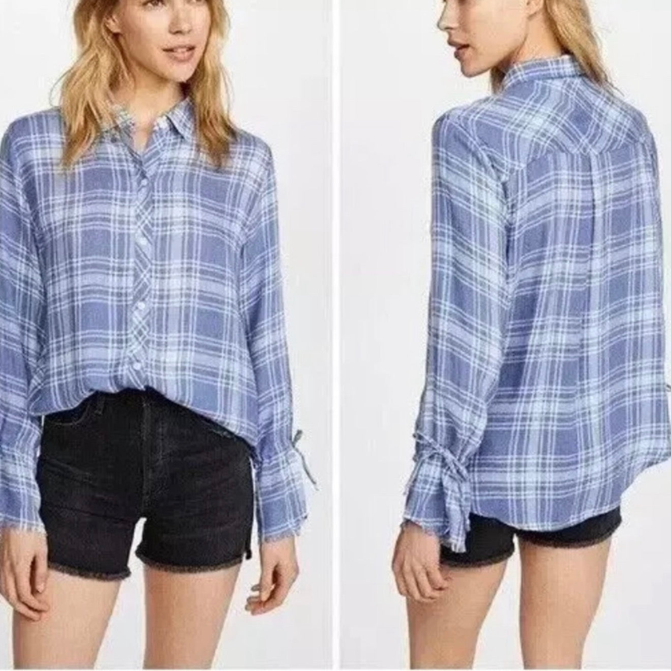 NWT Rails Astrid Cali Blue Raw Hem Tie Cuff Long Sleeve Button Up Top Sz XS $148