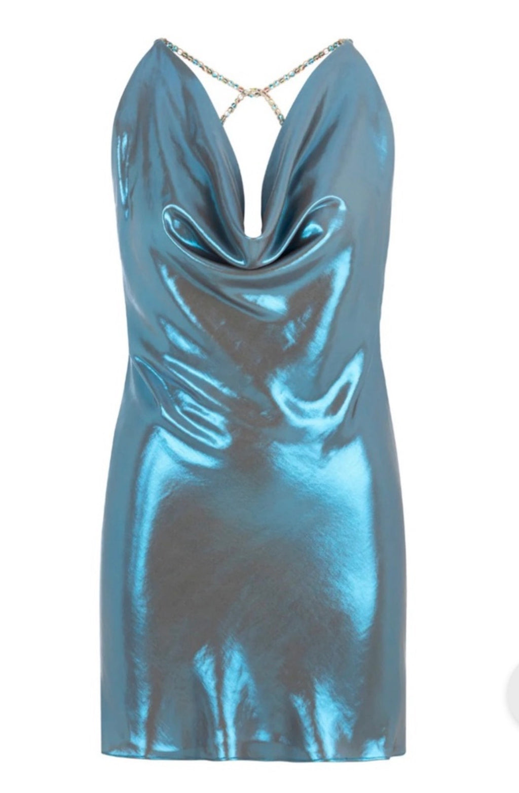 My Beachy Side Blue Iridescent Chain Back Mini Dress Small $378