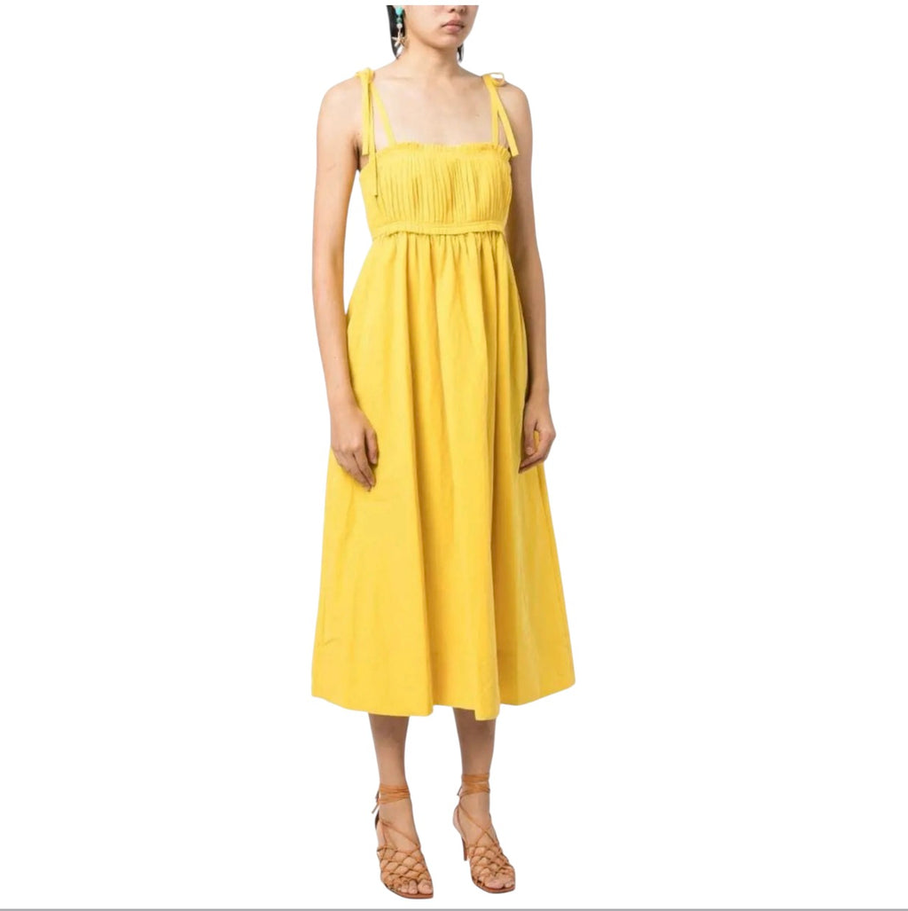Ulla Johnson Laetitia Noir Pleated Linen Silk Midi Dress Yellow Size 4