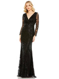 Mac Duggal 68016 Black Embellished Faux Wrap Long Sleeve Gown Size 24 Plus Beaded Formal Evening Dress $498