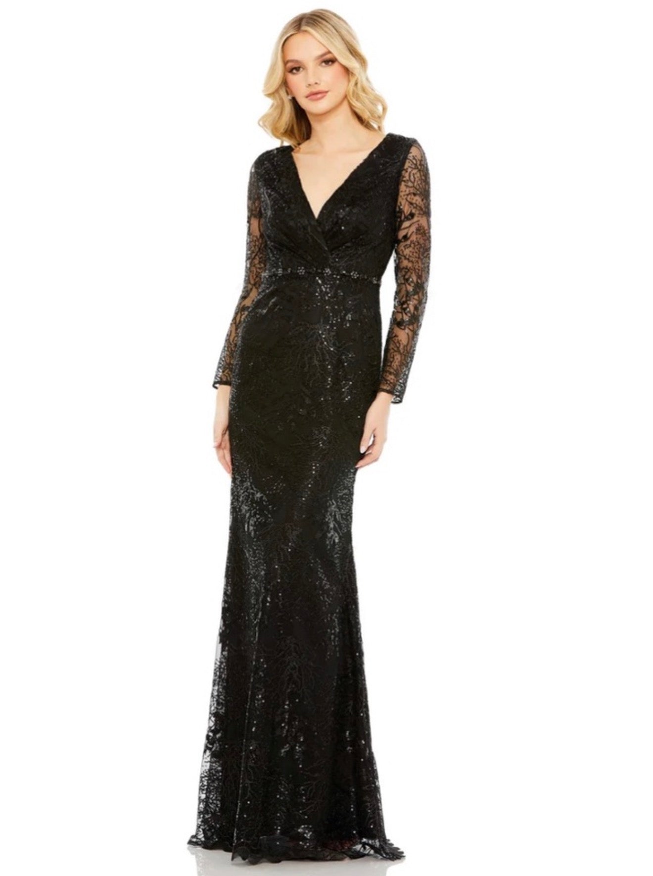 Mac Duggal 68016 Black Embellished Faux Wrap Long Sleeve Gown Size 24 Plus Beaded Formal Evening Dress $498