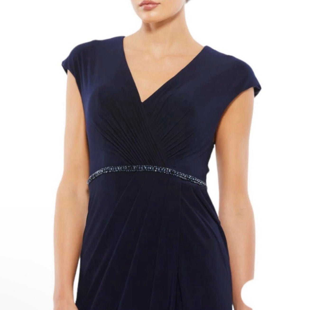 Mac Duggal 67850 Navy Beaded Waist Cap Sleeve Dress Gown Sz 10 $398