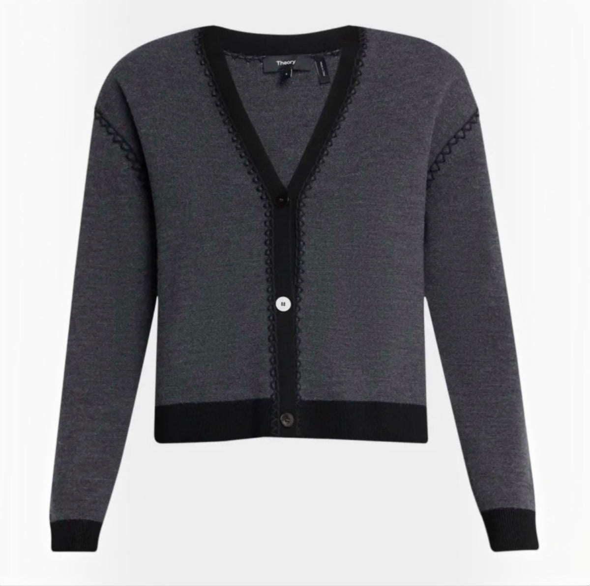 Theory Blanket Stitch Merino Wool
Cardigan Gray/ Black Sz Large