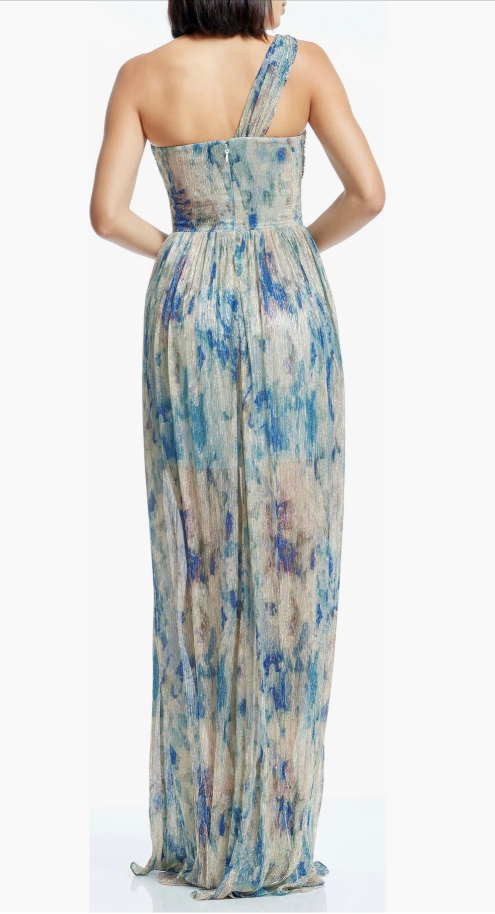Dress the Population Idalia Metallic Abstract Floral Print One-Shoulder Gown Pale Blue Multi  XL