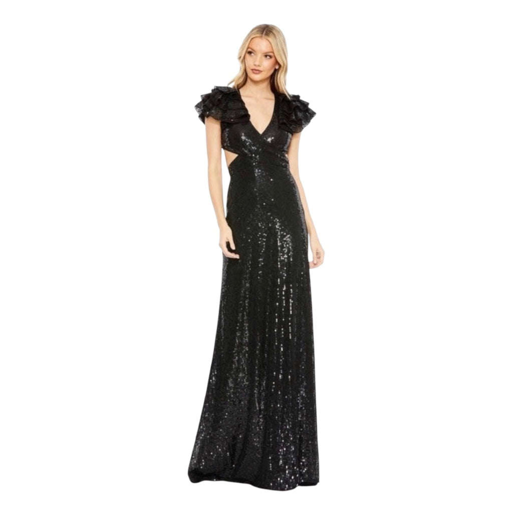 MAC DUGGAL 10829 Sequin Ruffled Cut Out Lace Up Gown in Black