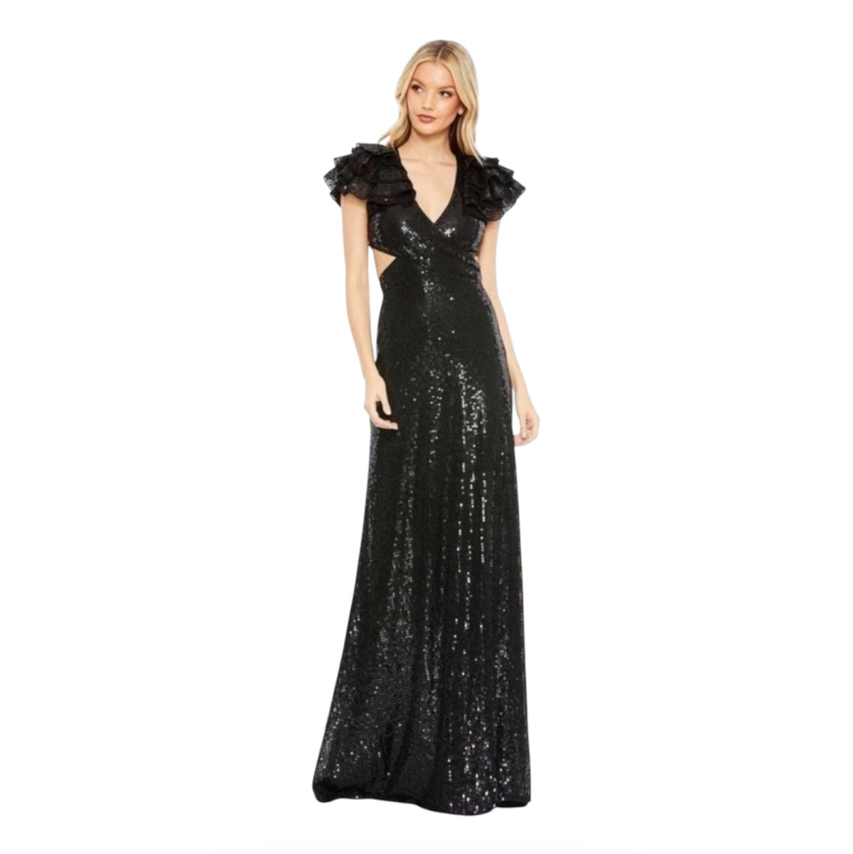 MAC DUGGAL 10829 Sequin Ruffled Cut Out Lace Up Gown in Black