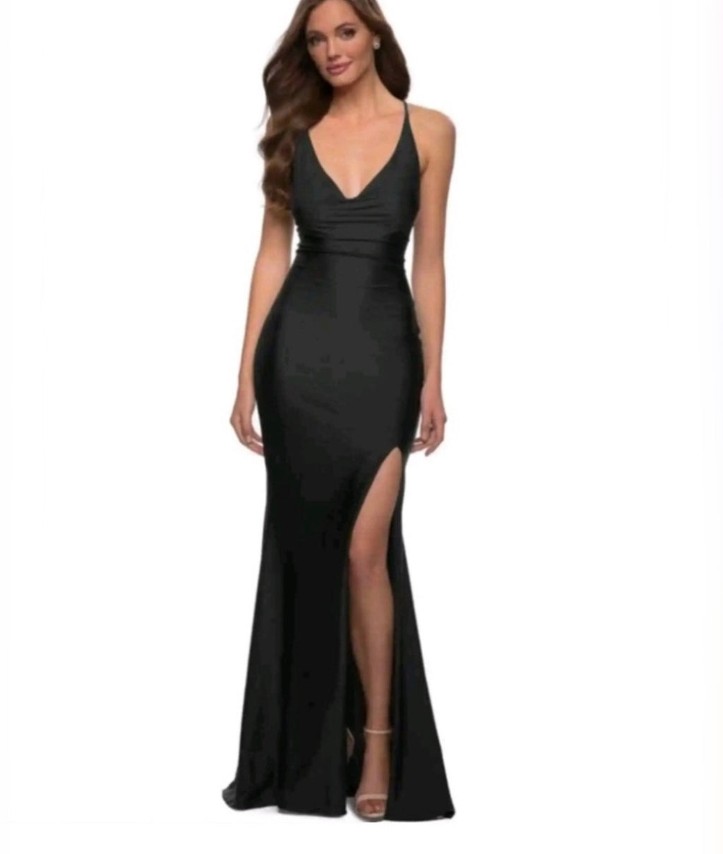 La Femme #29785 Plunging Neck High Slit Strappy Back Gown Dress Sz 12