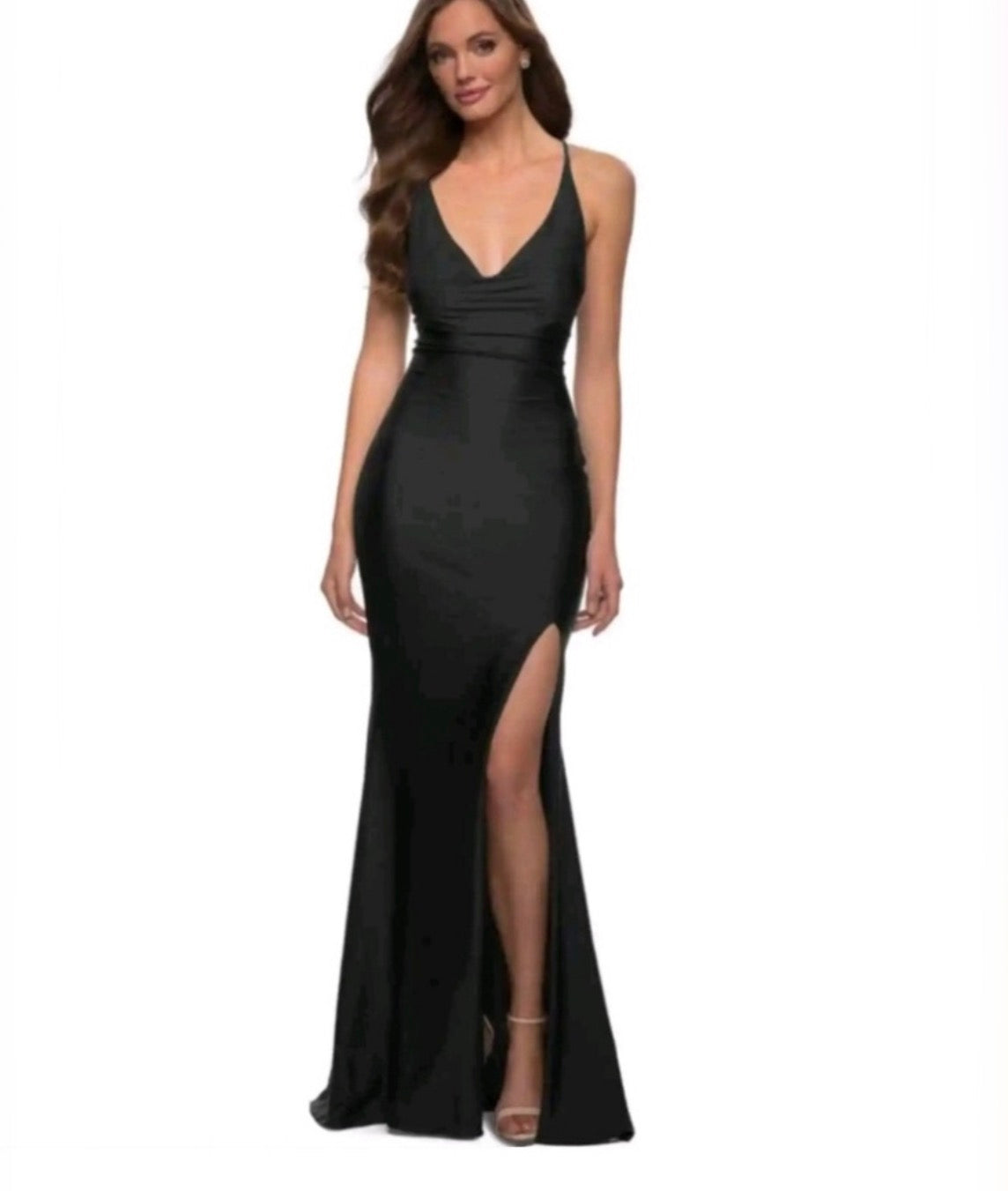 La Femme #29785 Plunging Neck High Slit Strappy Back Gown Dress Sz 12