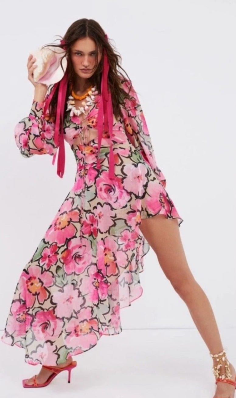 For Love & Lemons Tiana Printed Midi Dress Sz XS $198