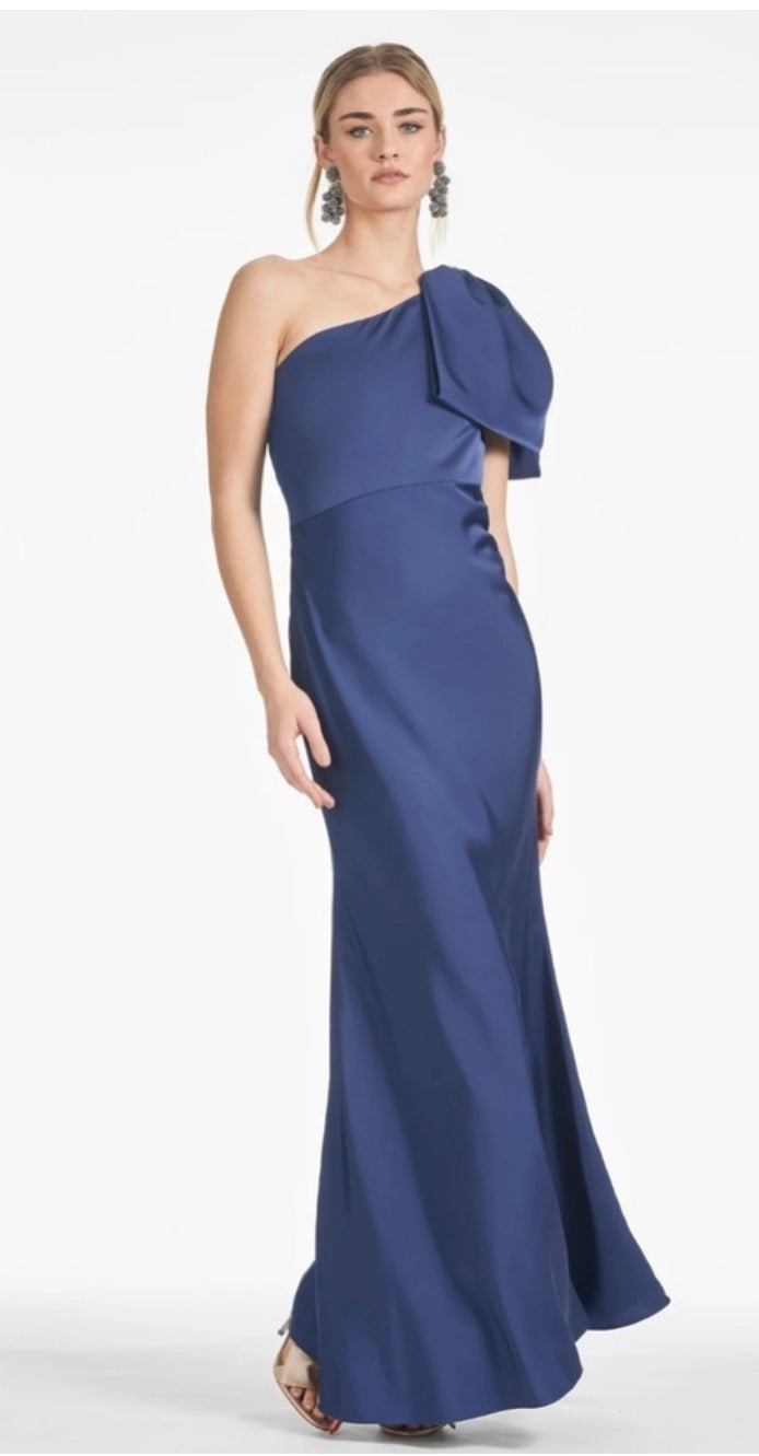 Sachin + Babi Aubrey Satin One-Shoulder Gown in Washed Indigo Size 6 $795