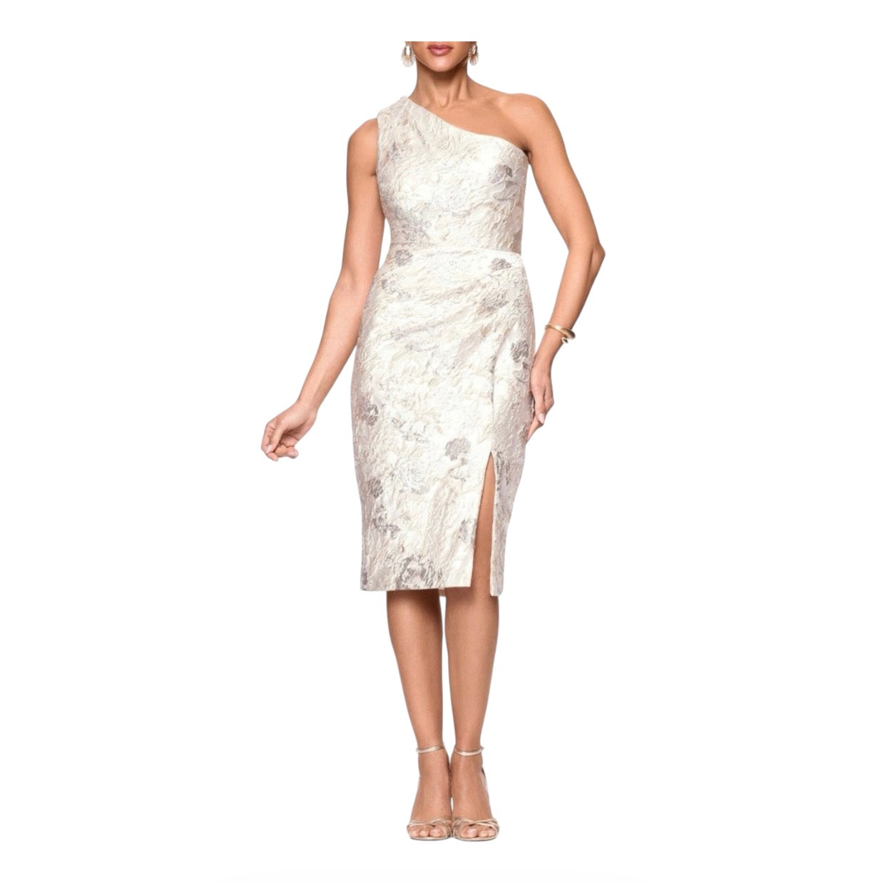 Xscape Evenings Metallic Floral Jacquard One-Shoulder Sheath Cocktail Dress in Champagne NWT Sz 10