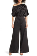 Elliatt Amari Off Shoulder Wide Leg Satin Jumpsuit Black Size Large $220