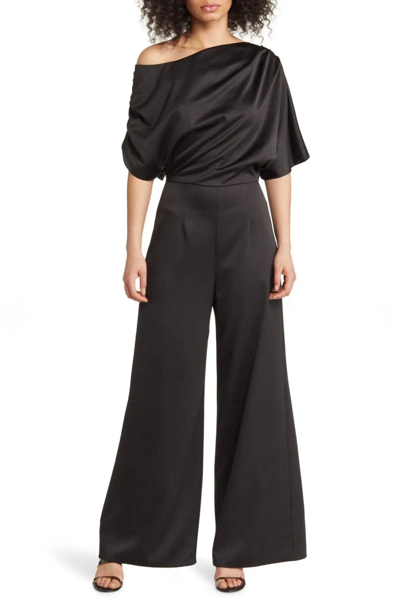 Elliatt Amari Off Shoulder Wide Leg Satin Jumpsuit Black Size Large $220