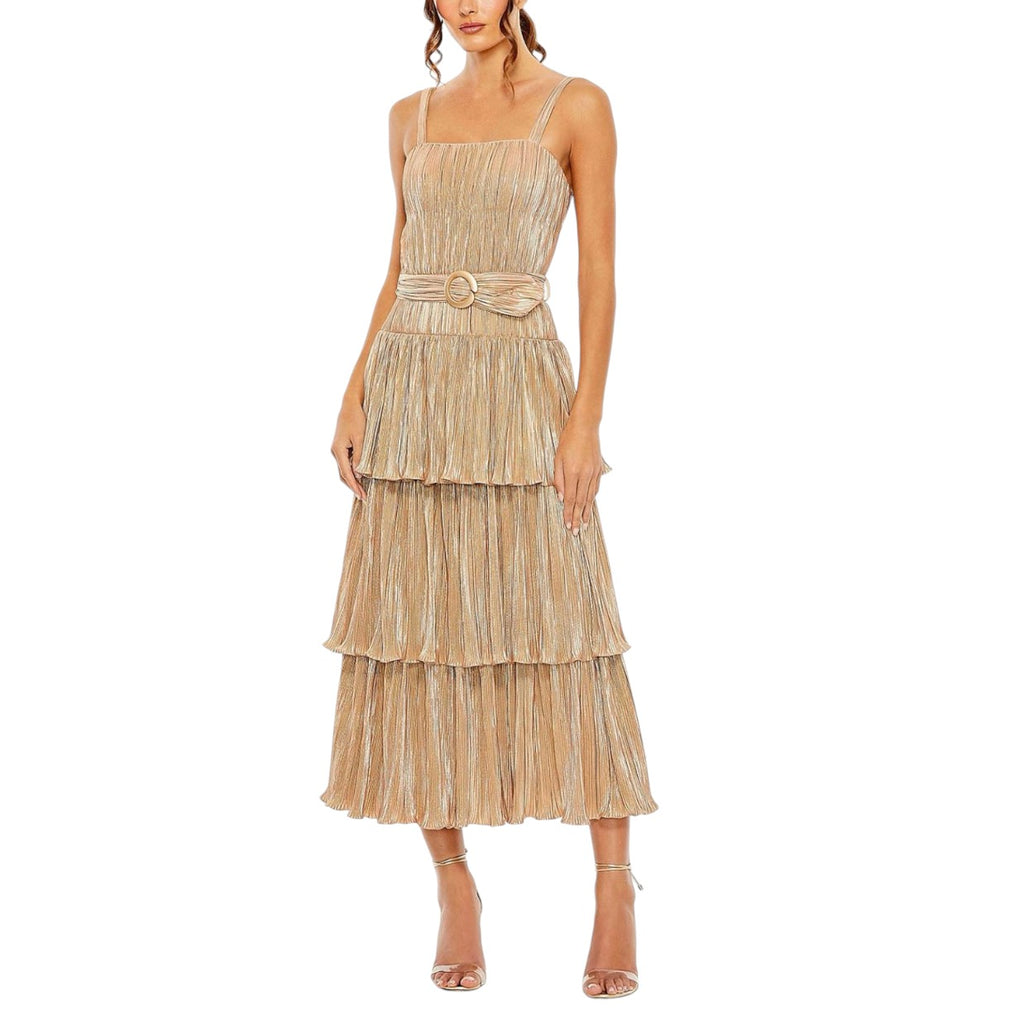 IEENA FOR MAC DUGGAL 27062 Gold Ruffle Tiered Dress Size 2